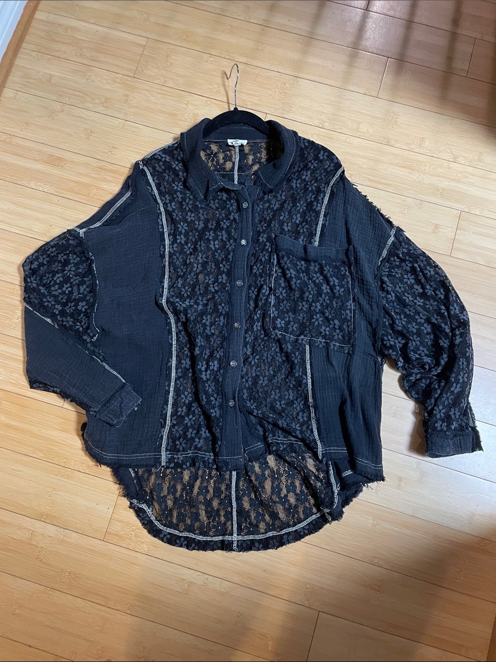 Black Lace-Accent Button-Up Shirt for Women